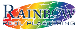 Logo for "rainbow pool plastering" featuring a multicolored rainbow design.