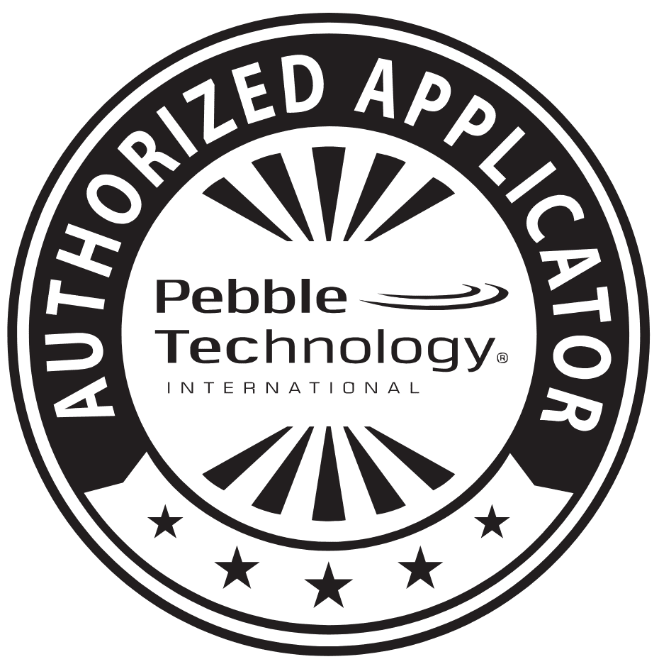 Logo of pebble technology international indicating "authorized applicator" status.