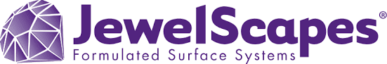 Logo of JewelScapes Formulated Surface Systems, featuring a stylized gemstone icon on the left and the text "JewelScapes Formulated Surface Systems" in purple to the right.