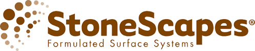 Logo of StoneScapes with the text "Formulated Surface Systems" beneath. The logo includes an arrangement of dot patterns to the left of the text.